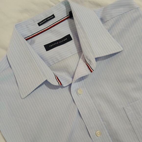 Tommy Hilfiger LS blue and white stripe button-up shirt 100% cotton 16 32/33 - Picture 3 of 14